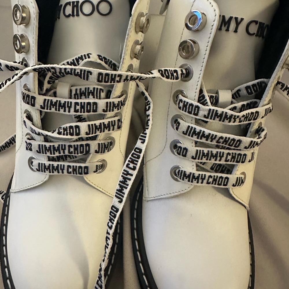 Jimmy Choo White Leather Logo Lace Boots Women’s size 7 1/2